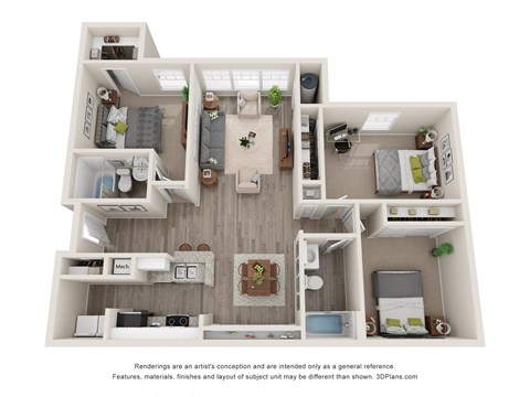 Floor plan for 3 beds, 2 baths, 1250 sqft